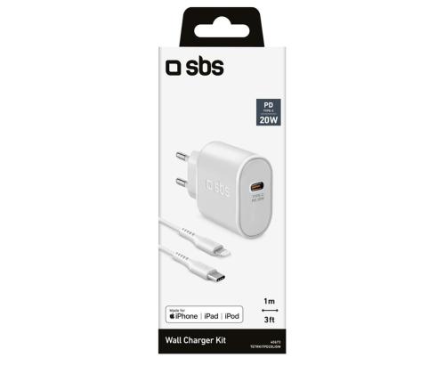 SBS, USB-C, Lightning, 20 W, valkoinen - Virtalähde ja kaapeli