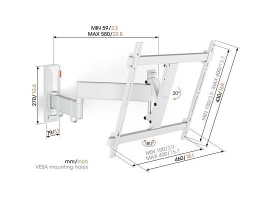 Vogelin 3443W Comfort Full-Motion, 32" - 65", valkoinen - TV-seinäteline