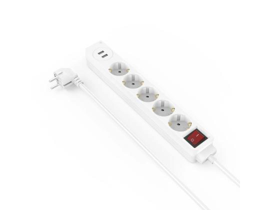 Hama Power Strip, 5-kantainen, 2x USB-A, 17 W, 1,4 m, valkoinen - Jatkojohto