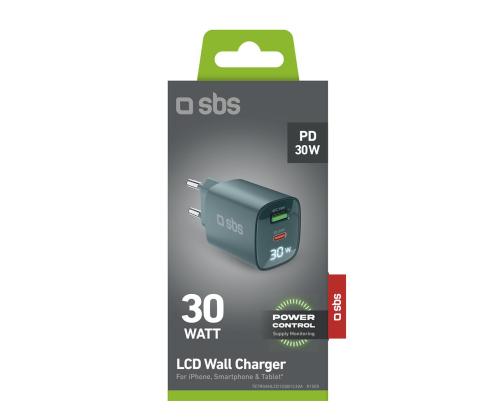 SBS LCD-seinälaturi, USB-A, USB-C, LCD, 30 W, vaaleansininen - Laturi - Laturi