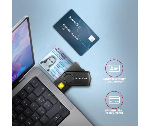 AXAGON CRE-SMP2A, USB-A, USB-C, muistikortinlukija, musta - henkilökortin lukija