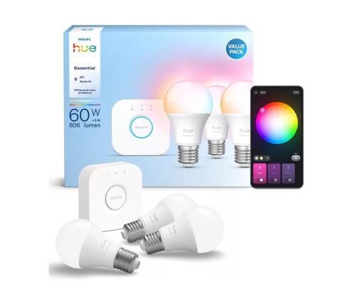 Philips Hue Essential Starter Kit, A60 + Hue Bridge, Full Color, E27, 3 kpl, valkoinen - SmartLights - SmartLights