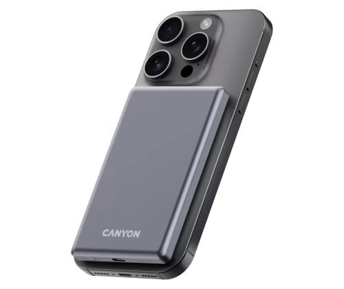 Canyon OnCharge 505 Slim Magsafe, 5000 mAh, langaton lataus, USB-C, tummanharmaa - Akkupankki
