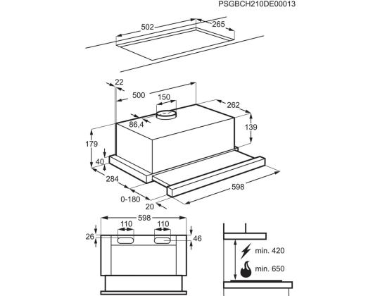 Electrolux, 330 m³/h, leveys 59,8 cm, harmaa - Integroitu ilmanpuhdistin