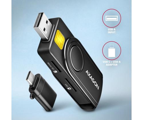 AXAGON CRE-SMP2A, USB-A, USB-C, muistikortinlukija, musta - henkilökortin lukija