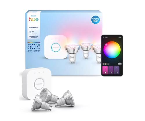 Philips Hue Essential Starter Kit, Spotlight + Hue Bridge, Full Color, GU10, 3 kpl, valkoinen - SmartLight-pakkaus