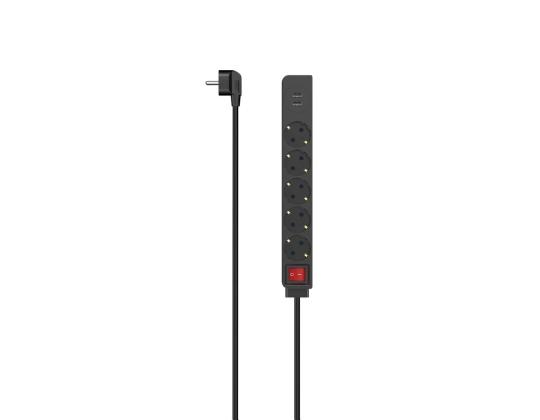 Hama - Jatkojohto, 5-liitin, 2x USB-A, 17 W, 1,4 m, musta - Jatkojohto