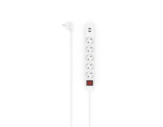 Hama Power Strip, 5-kantainen, 2x USB-A, 17 W, 1,4 m, valkoinen - Jatkojohto
