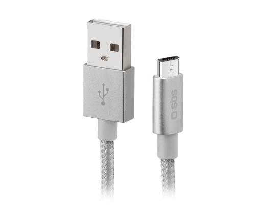 SBS hopea metalli punottu, USB-A - Micro USB, hopea - Kaabel