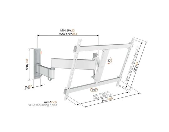 Vogelin TVM 3643 Full-Motion, 180º, 40´´ - 77´´, valkoinen - TV-seinäteline