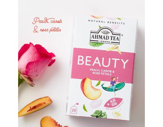 Yrttitee AHMAD Beauty persikka, mäkikuisma ja ruusun terälehtiä 20 kpl kirjekuoressa
