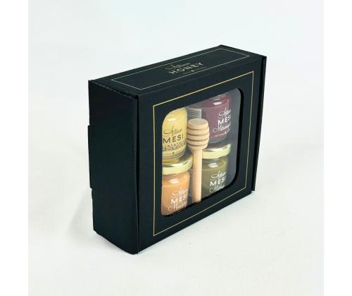 Artisan Honey -lahjasetti, 4 x 50 g hunajapurkkia ja puinen hunajasekoitin