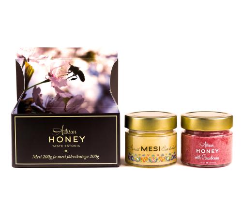 Käsityönä valmistettua kukkahunajaa 200 g + karpalohunajaa 200 g pahvisessa lahjarasiassa