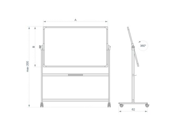 Valkotaulu pyörillä 2000x1200mm kaksipuolinen pyörivä akselin ympäri E3 keraaminen kiiltävä pinta 2x3