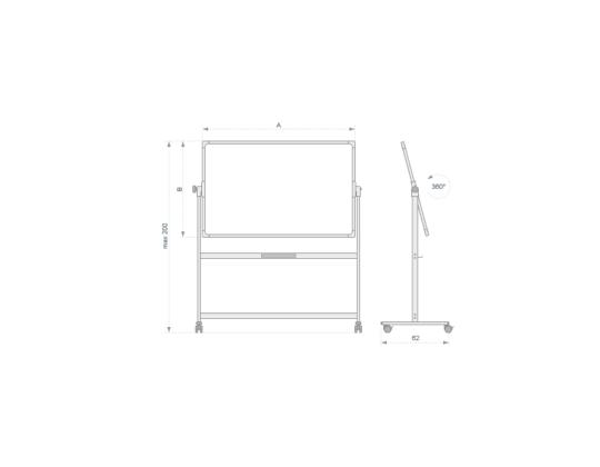 Valkotaulu pyörillä 2000x1200mm kaksipuolinen pyörivä akselin ympäri E3 keraaminen kiiltävä pinta 2x3