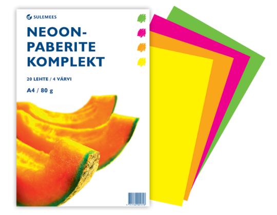 Värillinen paperi A4 80g 4 eri neonväriä 5 arkin pakkauksessa